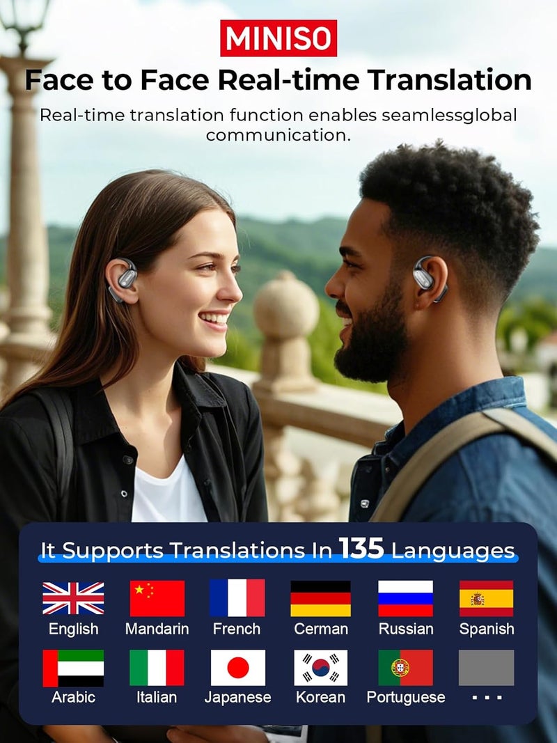 Miniso MS190 Language Translator Earbuds, AI Translation Earbuds Real Time with 135 Languages, Bluetooth 6.0, LED Display, Open-Ear Translation Headphones with APP, 60Hrs Playtime for Business - Image 3